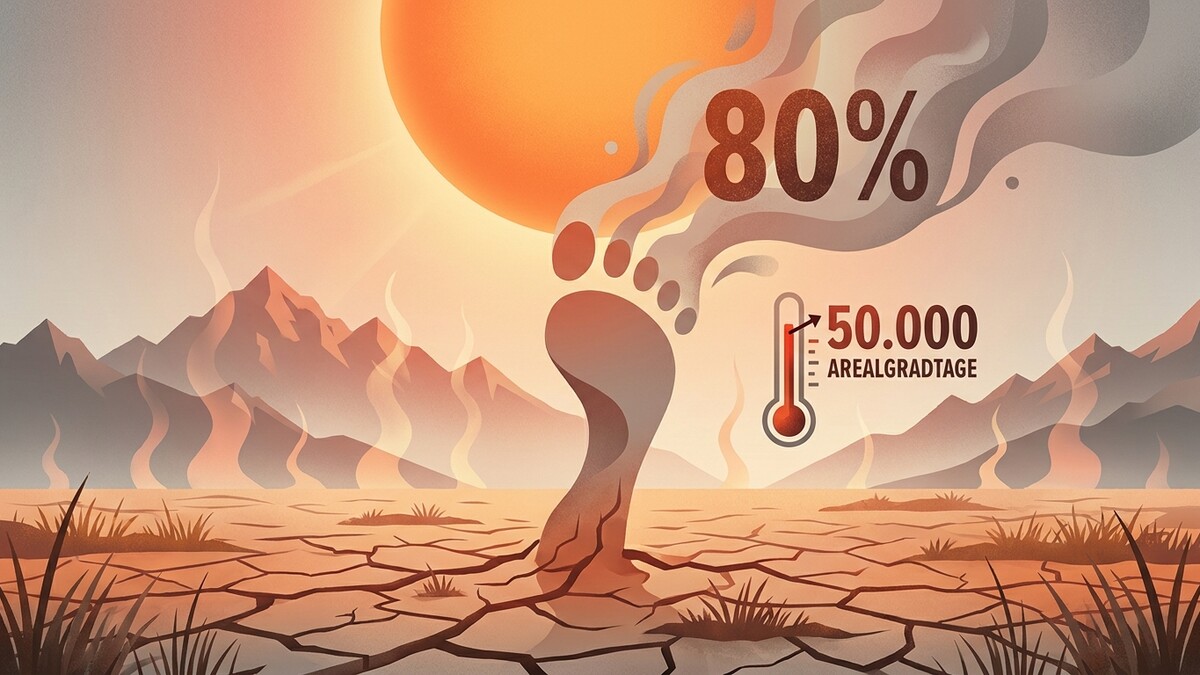 Klimawandel: Fußabdruck und Thermometer mit 80% und 50.000 Arealgradtagen vor trockener Berglandschaft