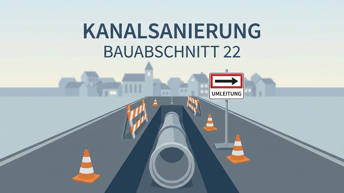 Kanalsanierung Bauabschnitt 22 mit Baustellensignalen und Umleitungsschild