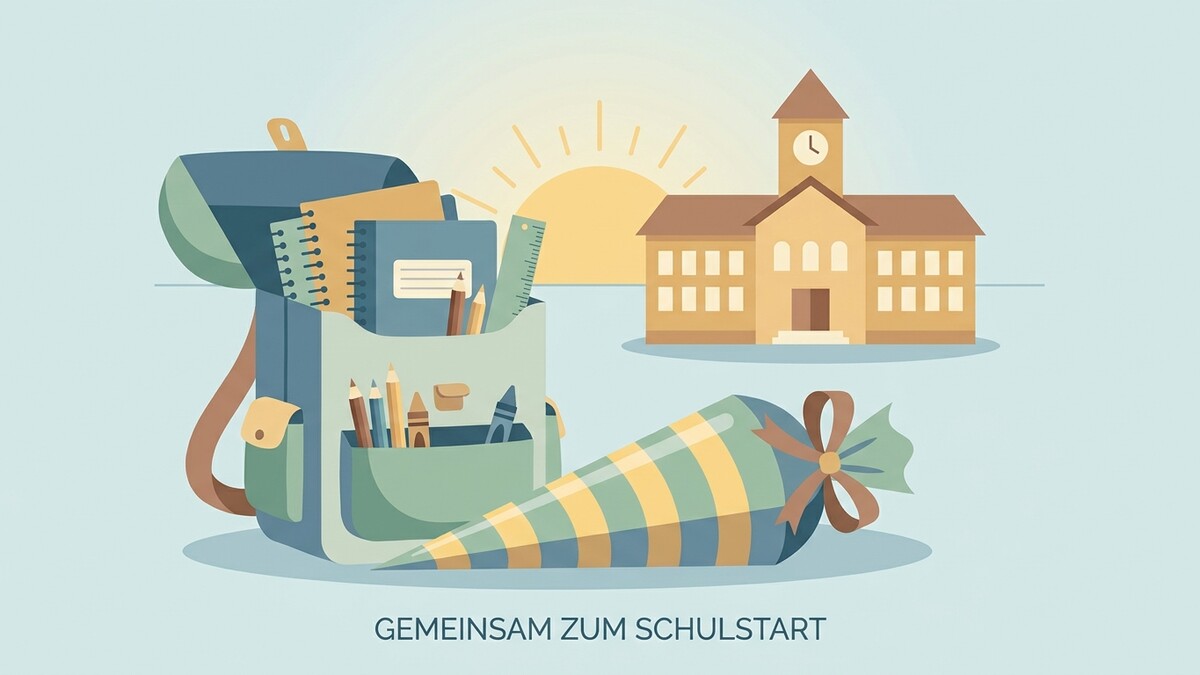 Schulranzen mit Zubehör, Schultüte und Schulgebäude vor aufgehender Sonne