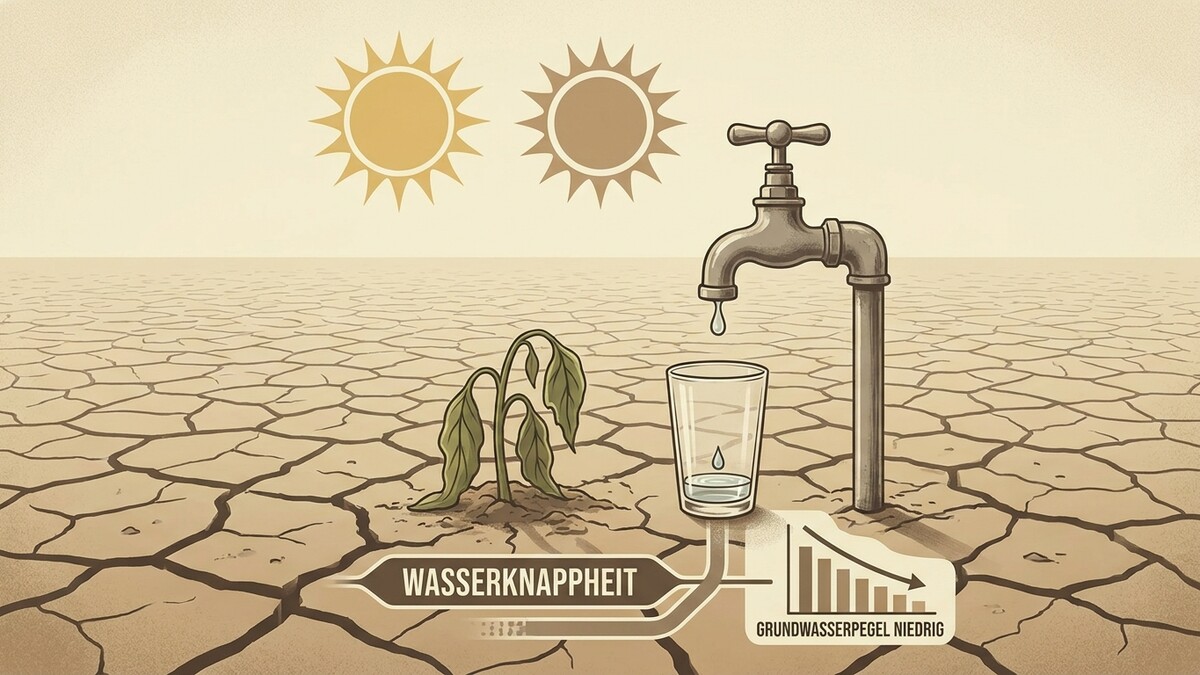 Wasserknappheit: verdorrte Pflanze, tropfender Wasserhahn, leeres Glas, trockener Boden