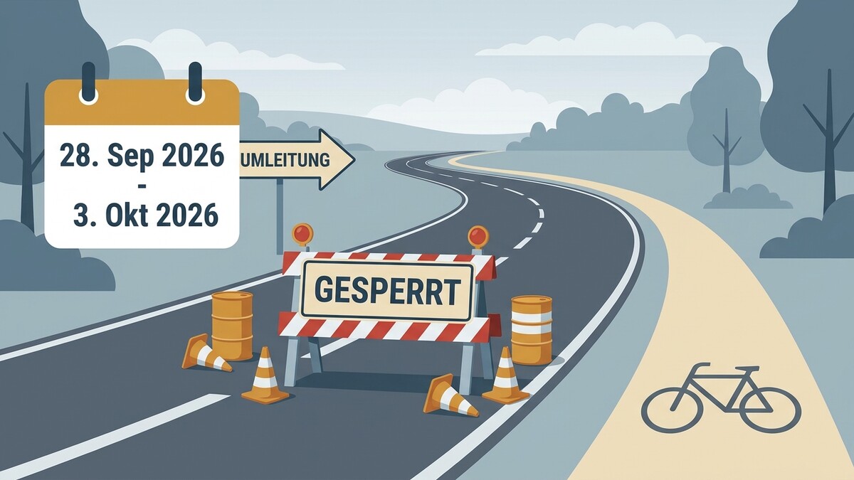 Straßensperre mit Umleitung und Kalenderblatt 28. Sep bis 3. Okt 2026