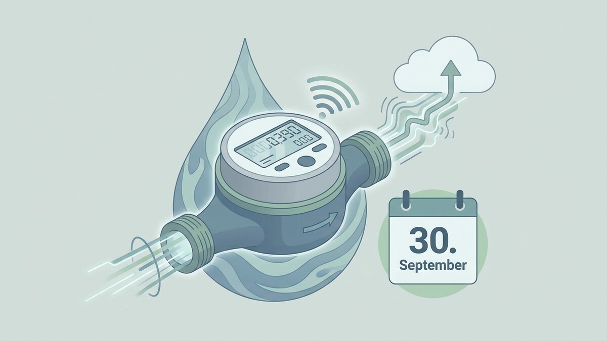 Wasserzähler mit digitaler Anzeige und WLAN-Symbol sendet Daten zur Wolke, Kalenderblatt mit 30. September.