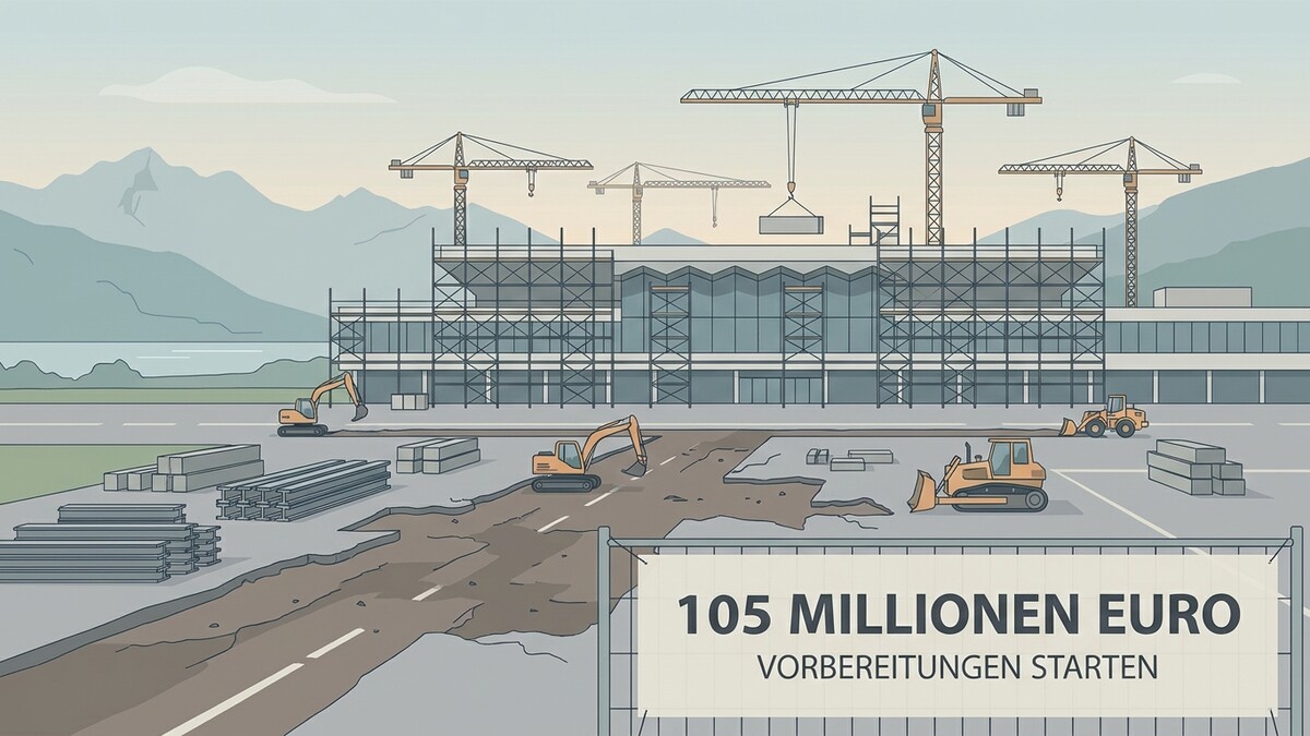 Baustelle mit Kränen und Baggern, 105 Millionen Euro Vorbereitungen starten