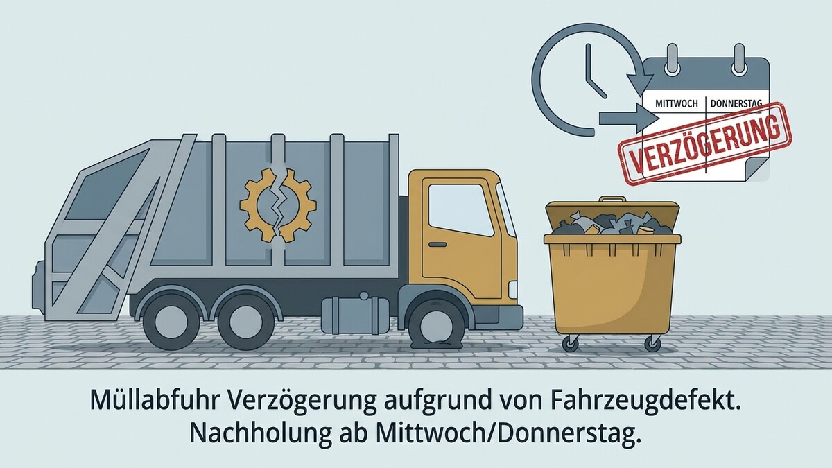 Müllabfuhr Verzögerung wegen Fahrzeugdefekt: Nachholung ab Mittwoch/Donnerstag.