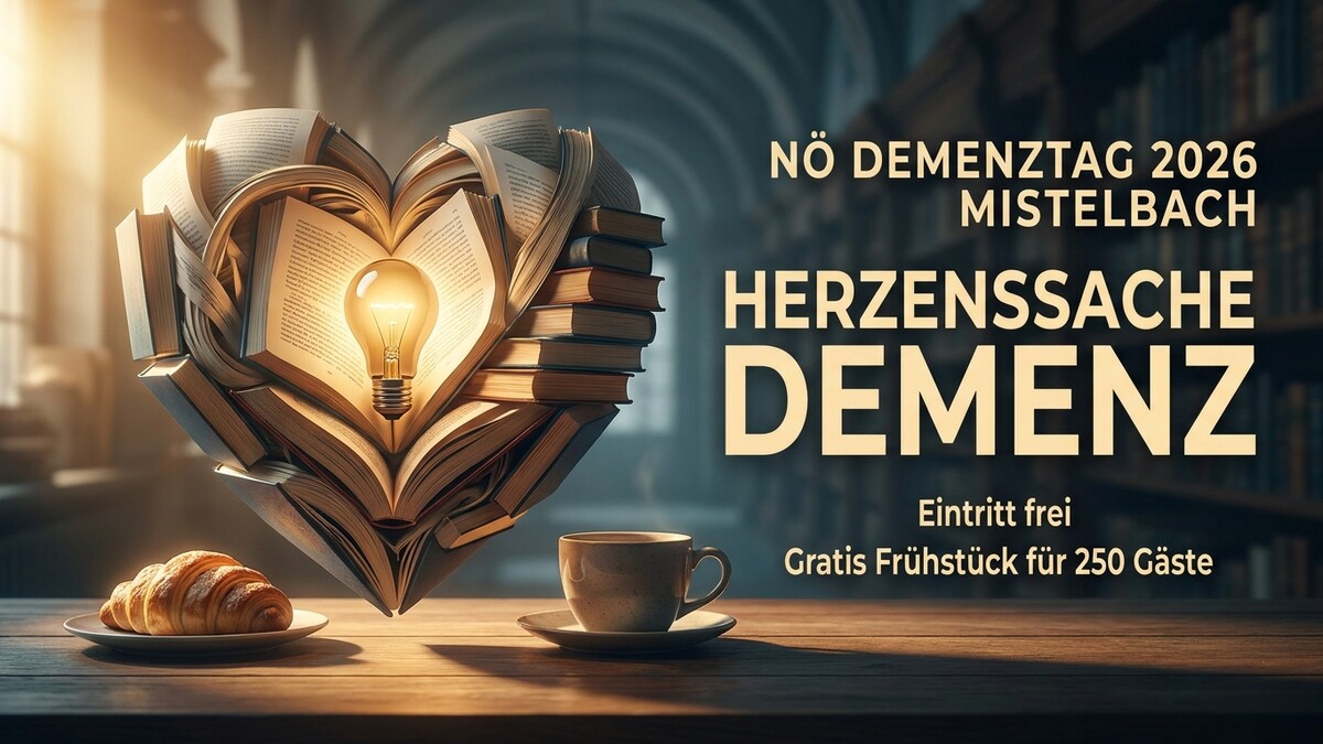 NÖ Demenztag Mistelbach Herzenssache Demenz mit Büchern, Glühbirne, Kaffee und Croissant