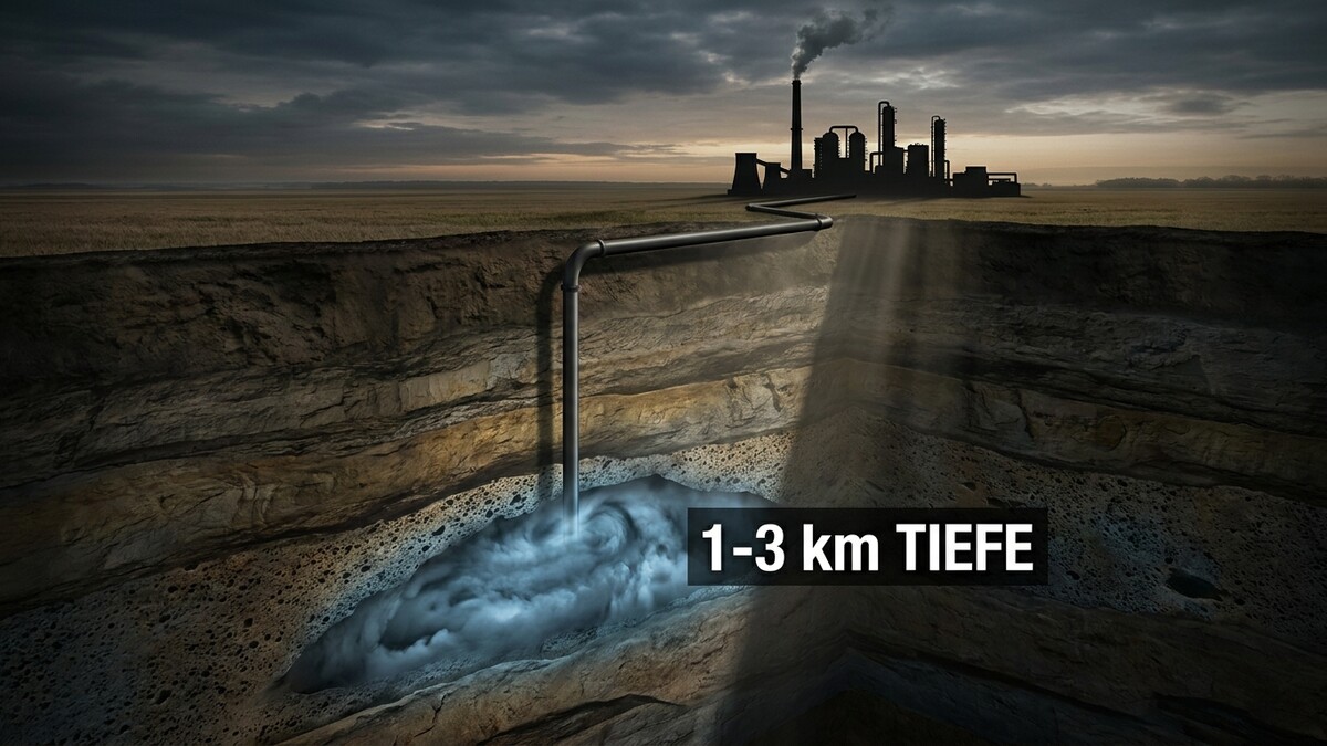 Tiefenbohrung mit Rauchwolke und Industrieanlage in der Silhouette