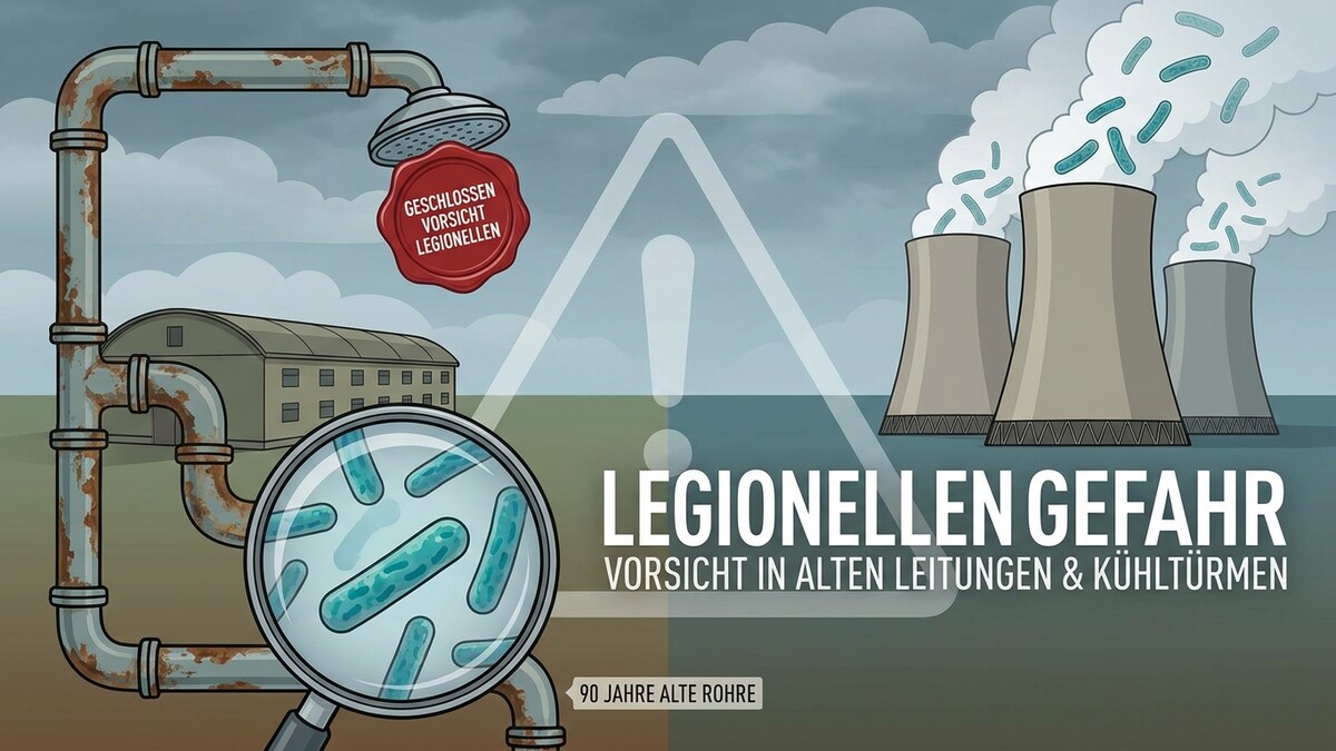 Legionellen Gefahr: Alte Rohre, Kühltürme und ein Gebäude mit Warnhinweis und Lupe
