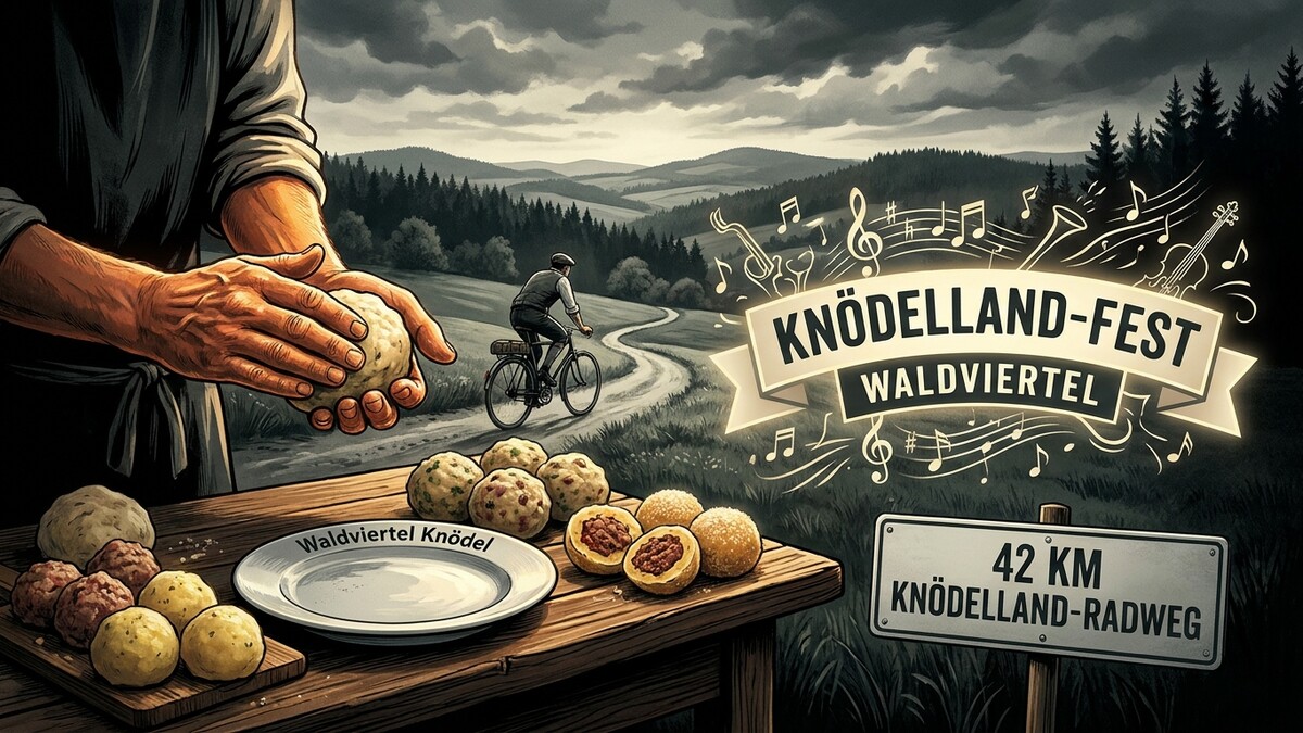 Knödel-Fest Waldviertel: Hände formen Knödel, Radfahrer auf Weg, Musiknoten, Schild 42 km Knödelland-Radweg