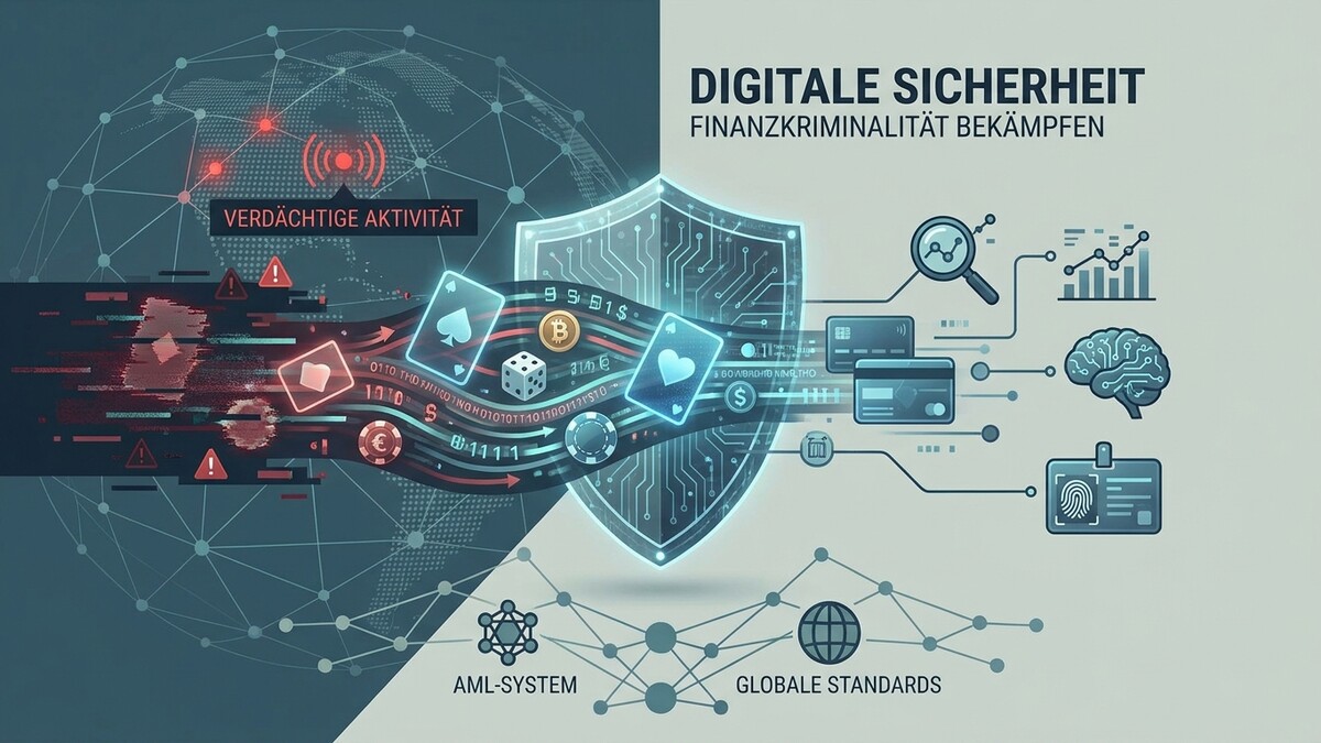 Digitale Sicherheit: Finanzkriminalität bekämpfen, verdächtige Aktivitäten, Spielkarten, Bitcoin, Kreditkarten, Gehirn, Fingerabdruck.