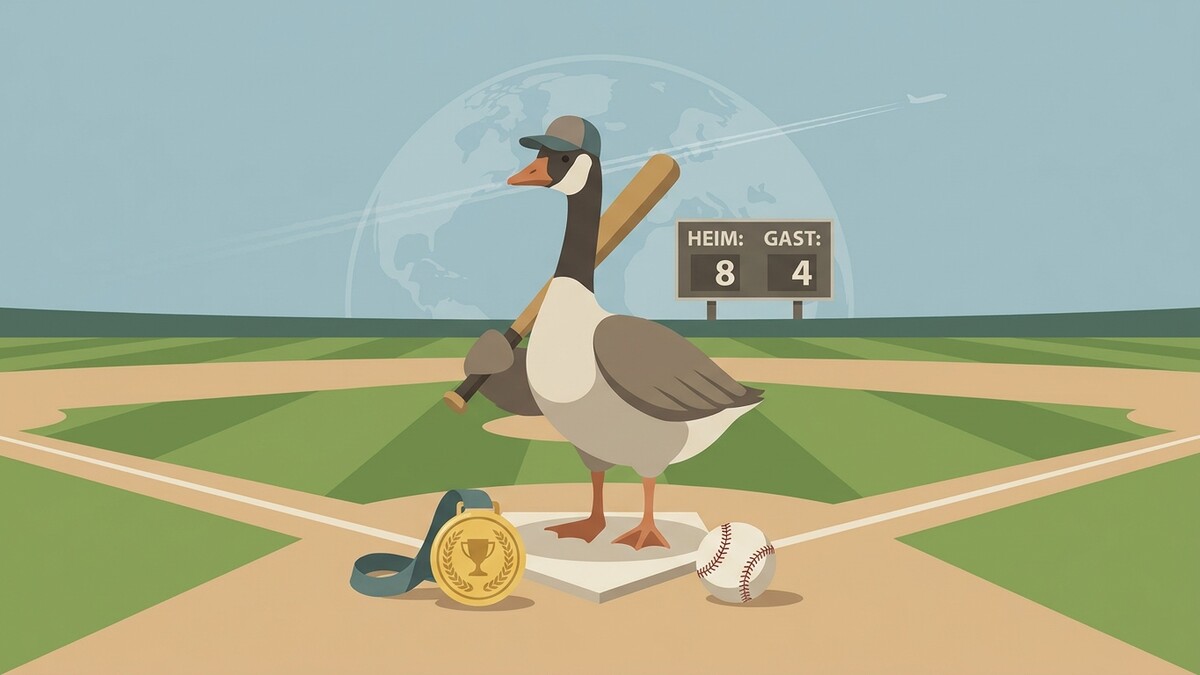 Gans mit Baseballschläger und Medaille auf Baseballfeld mit Anzeigetafel