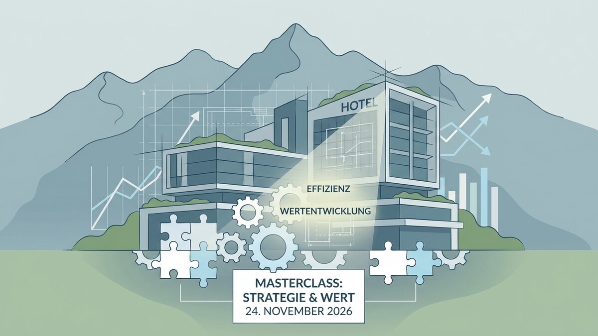 Masterclass Strategie & Wert: Hotel vor Bergkulisse mit Zahnrädern und Diagrammen