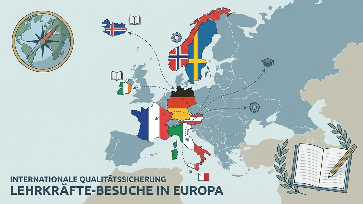 Lehrkräfte-Besuche in Europa: Karte mit markierten Ländern und Flaggen, Kompass und Buch.