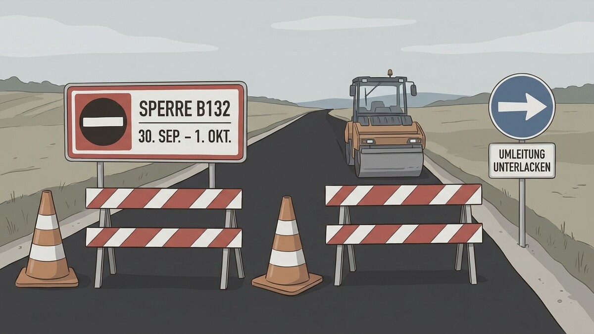 Straßensperre B132 bei Unterlacken mit Umleitung und Walze