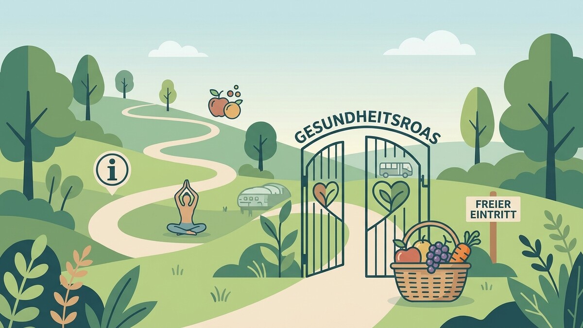 Gesundheitsroas mit Yoga, Obstkorb und freiem Eintritt in grüner Landschaft.