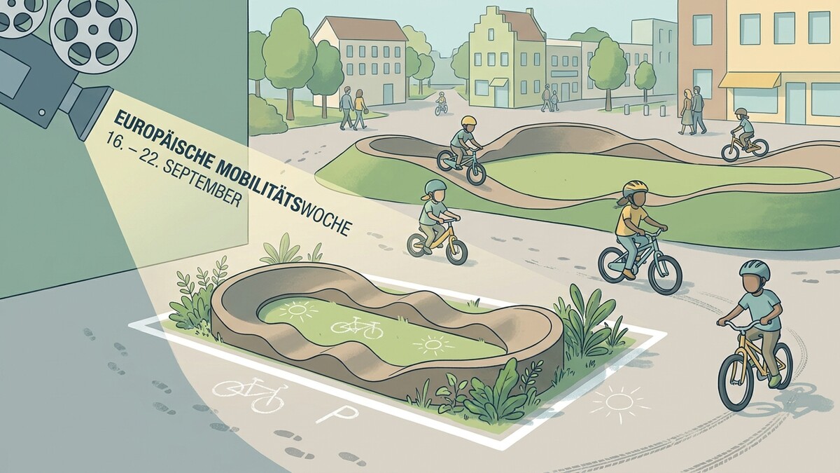 Europäische Mobilitätswoche: Kinder fahren Rad auf Pumptrack in Stadtpark