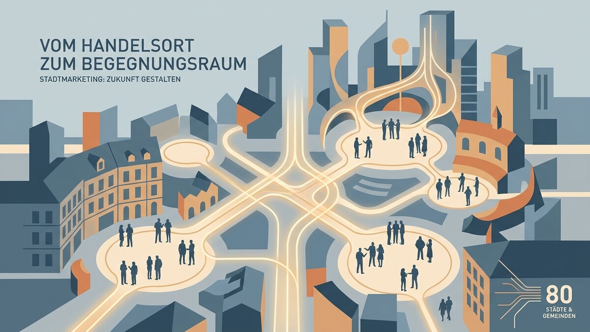Stadtmarketing: Vom Handelsort zum Begegnungsraum, stilisierte Stadt mit Menschengruppen
