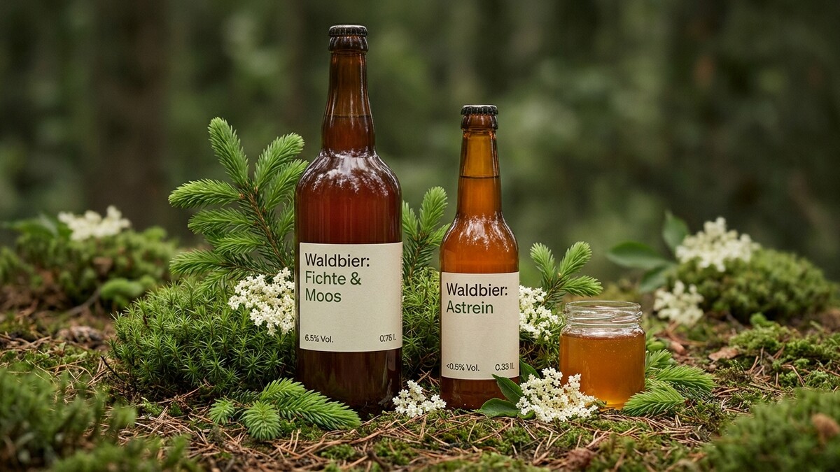 Waldbier: Fichte & Moos und Astrein in Flaschen mit Honigglas im Wald