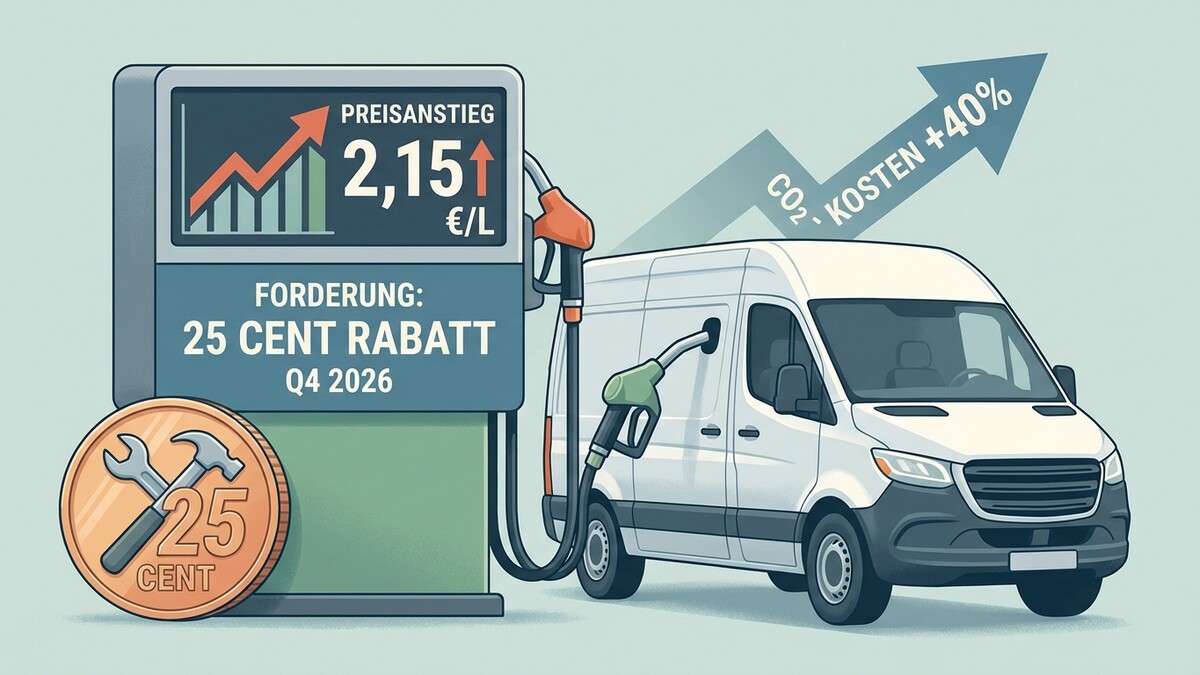 Benzinpreis 2,15 €/L und CO2-Kostenanstieg auf weißem Lieferwagen