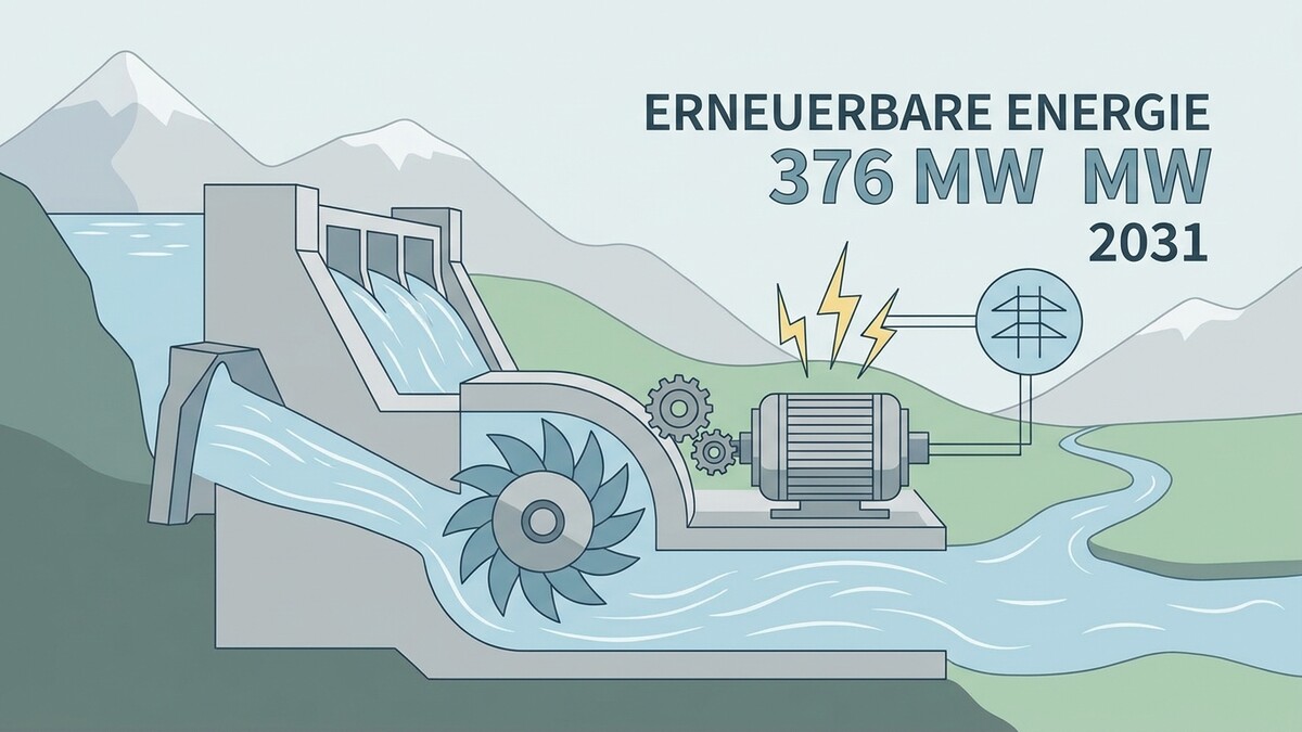 Wasserkraftwerk mit Turbinen und Generator erzeugt erneuerbare Energie, 376 MW bis 2031