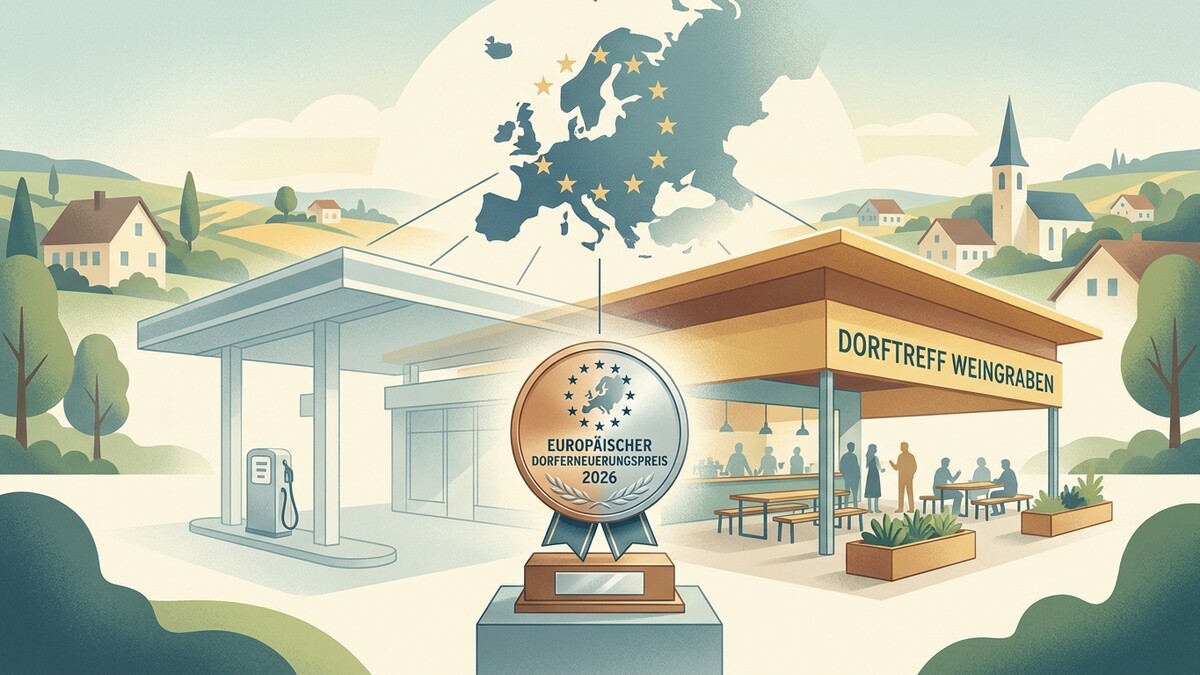 Europäischer Dorferneuerungspreis 2026 für Dorftreff Weingraben mit EU-Karte und Trophäe