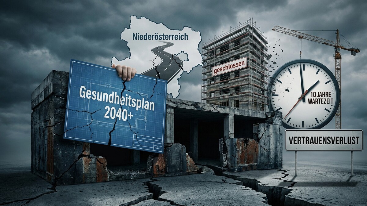 Gesundheitsplan 2040+ in Niederösterreich mit Baustelle, Uhr und Vertrauensverlust