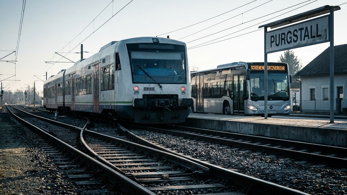 Zug und Bus am Bahnhof Purgstall in Niederösterreich