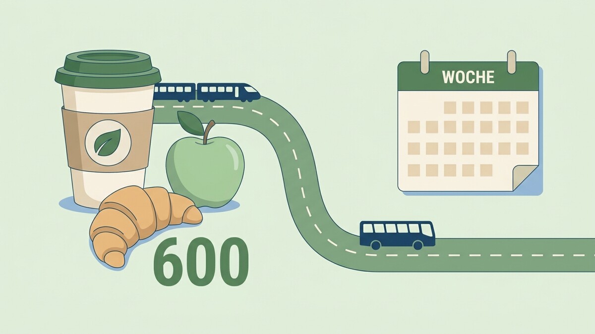 600 Tage: Kaffeebecher, Apfel, Croissant, Zug, Bus und Kalender mit "Woche"