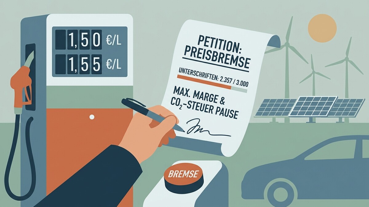 Preisbremse Petition mit Unterschriften, Zapfsäule, Auto und erneuerbaren Energien