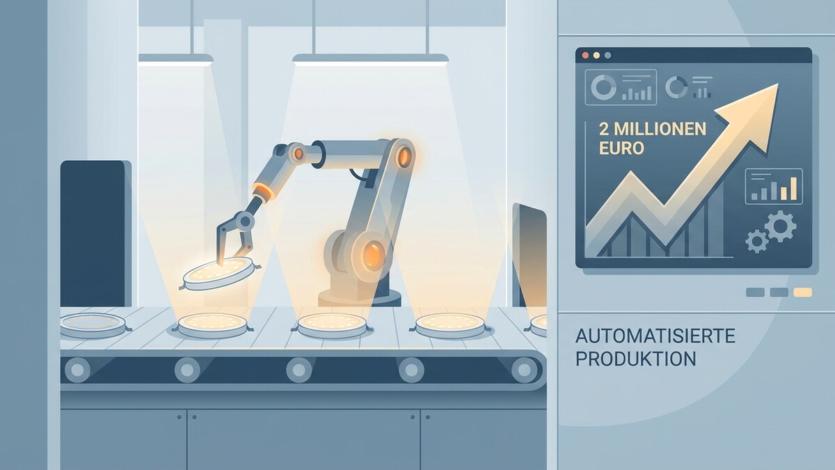 Automatisierte Produktion: Roboterarm bearbeitet Petrischalen auf Förderband, Bildschirm zeigt Finanzwachstum.