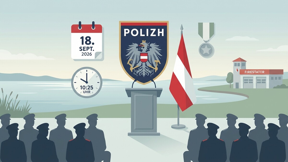 Polizei-Wappen mit österreichischer Fahne, Kalender und Uhr vor See und Feuerwehrhaus