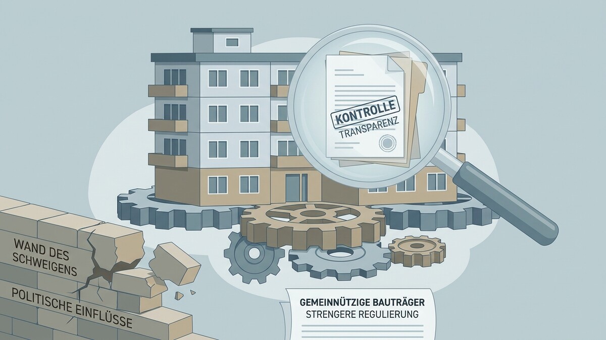 Kontrolle und Transparenz beim gemeinnützigen Bauträger: Eine Lupe über Dokumenten und ein zerbrechender Mauerwall.