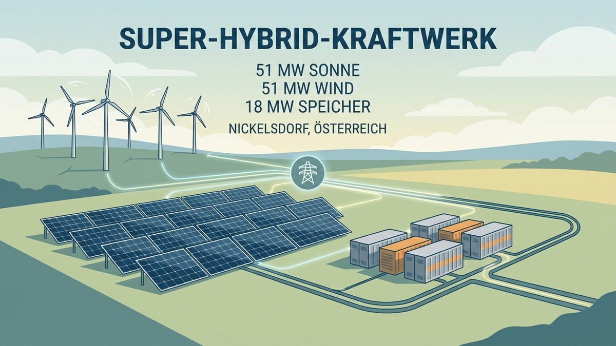 Super-Hybrid-Kraftwerk Nickelsdorf: 51 MW Sonne, 51 MW Wind, 18 MW Speicher