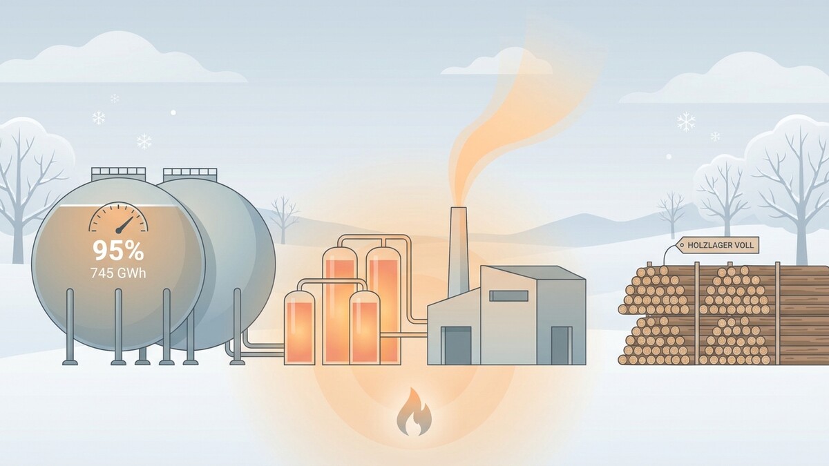 Energieversorgung: Gasspeicher, Biomasseanlage und Holzlager im Winter