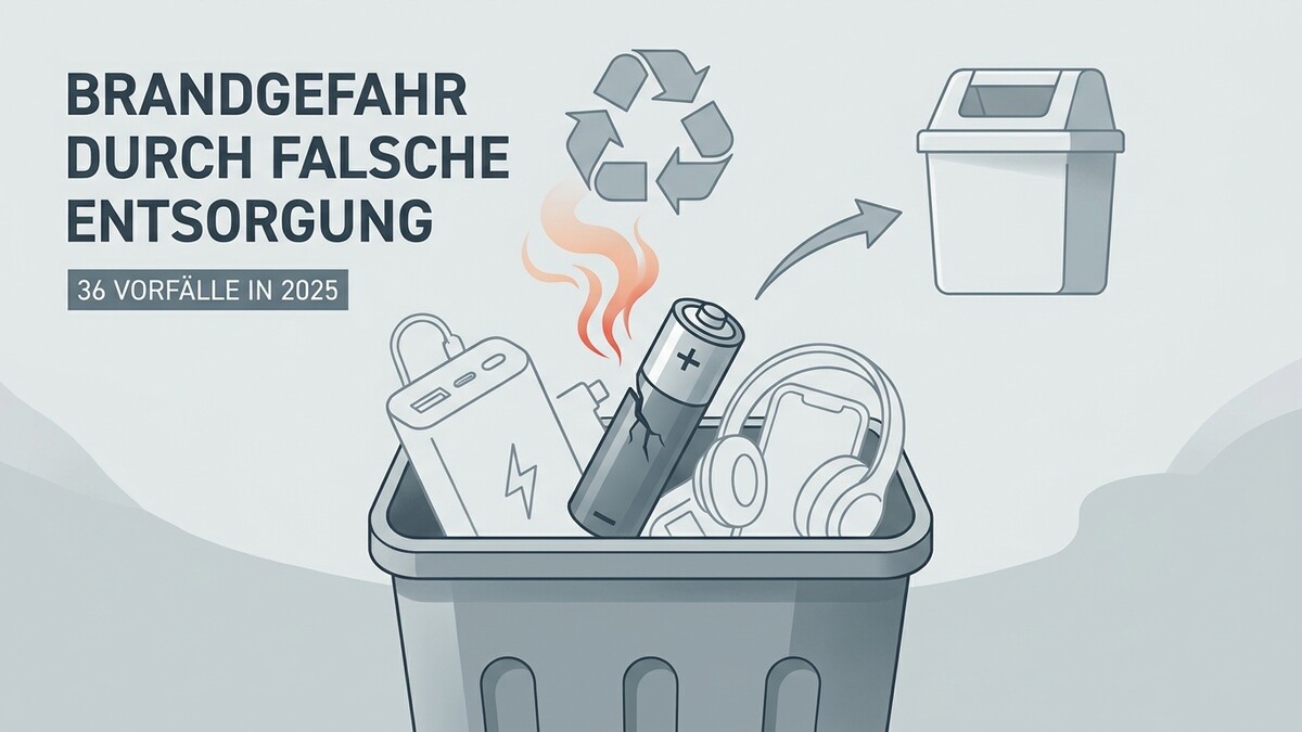 Brandgefahr durch falsche Entsorgung: Akku in Mülleimer mit Kopfhörern und Powerbank.