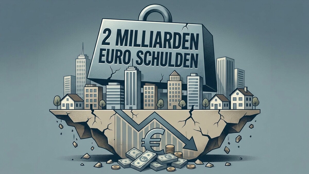 Schulden von 2 Milliarden Euro belasten eine Stadt mit sinkendem Euro-Symbol.