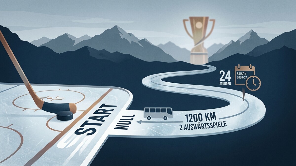 Eishockey-Schläger, Puck und Eisfläche mit Wegweiser zum Pokal, 1200 km, 2 Auswärtsspiele