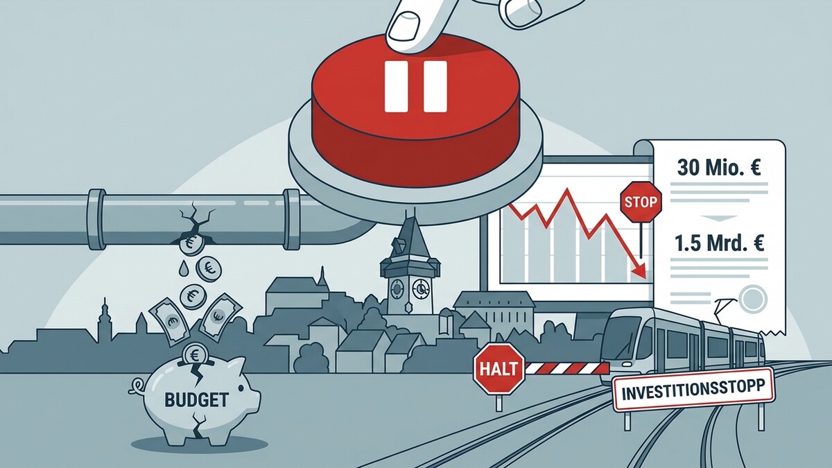 Investitionsstopp: Rote Stopptaste, zerbrochene Sparschwein-Budget, Geldverlust, fallende Börsenkurse und Straßenbahn.