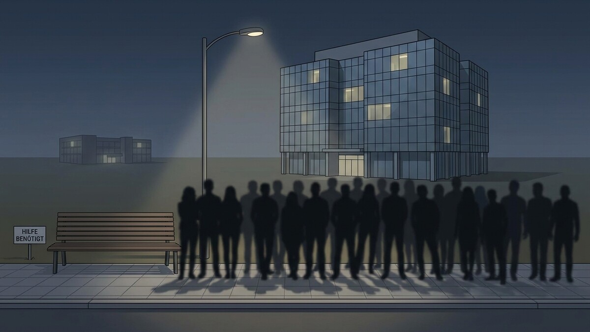 Menschengruppe wartet im Dunkeln vor einem Bürogebäude, Bank mit Schild "Hilfe benötigt"