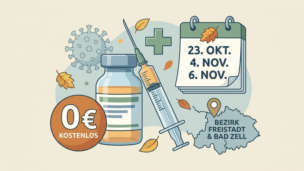 Impfung kostenlos: Spritze, Ampulle, Kalender mit Daten, Corona-Virus, Bezirk Freistadt & Bad Zell