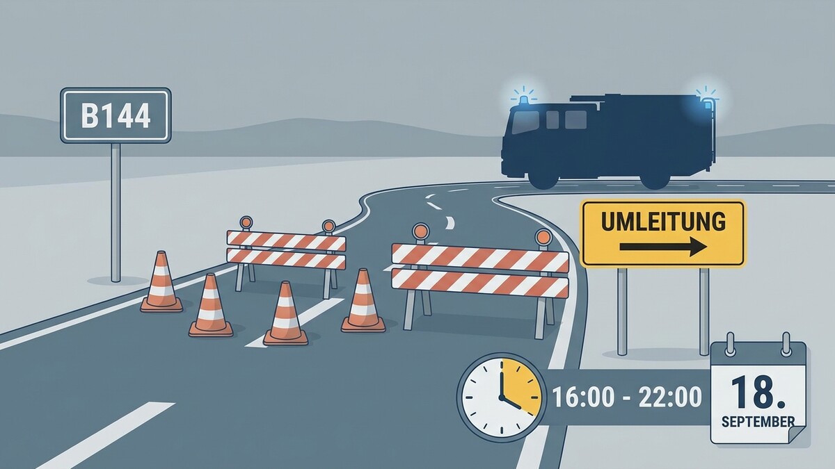 B144 Umleitung mit Verkehrshütchen und Blaulichtfahrzeug am 18. September von 16-22 Uhr