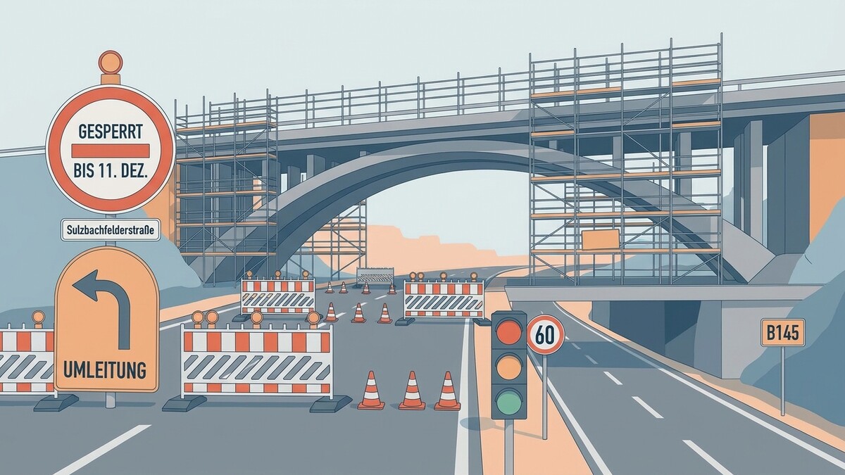 Baustelle mit Umleitung, Absperrungen und Verkehrszeichen auf der B145