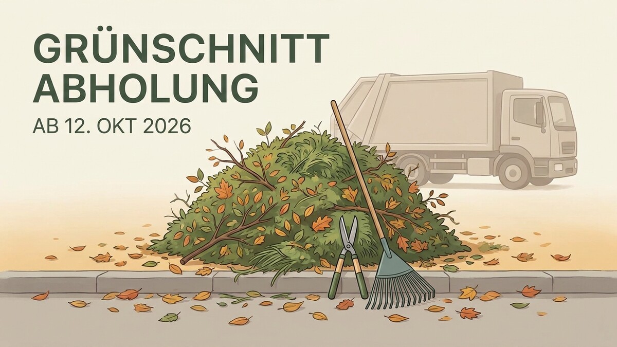 Grünschnitt Abholung ab 12. Okt 2026: Laubhaufen, Rechen, Schere und Müllwagen