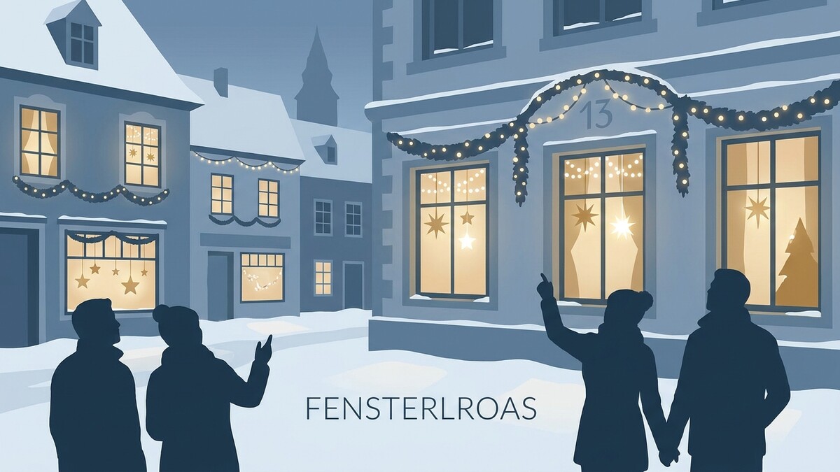 Fensterlroas im verschneiten Dorf mit beleuchteten Fenstern und Silhouetten von Menschen