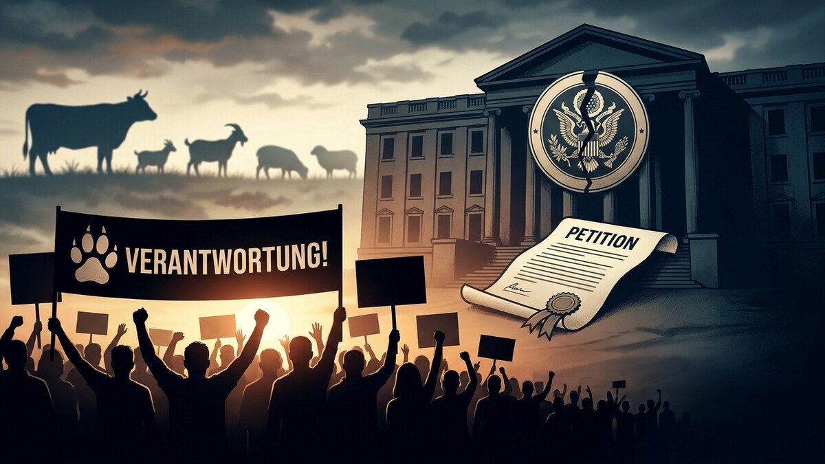 Petition vor Amtssitz mit Demonstranten und Nutztieren im Hintergrund