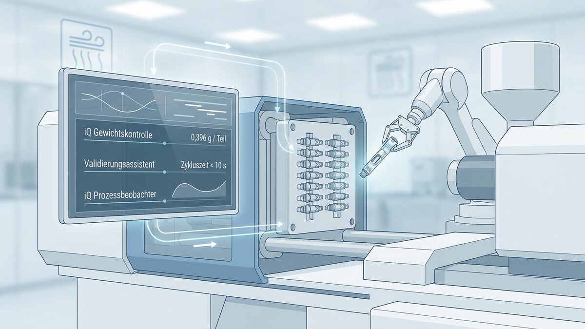 Spritzgussmaschine mit Roboterarm und iQ-Kontrollanzeige
