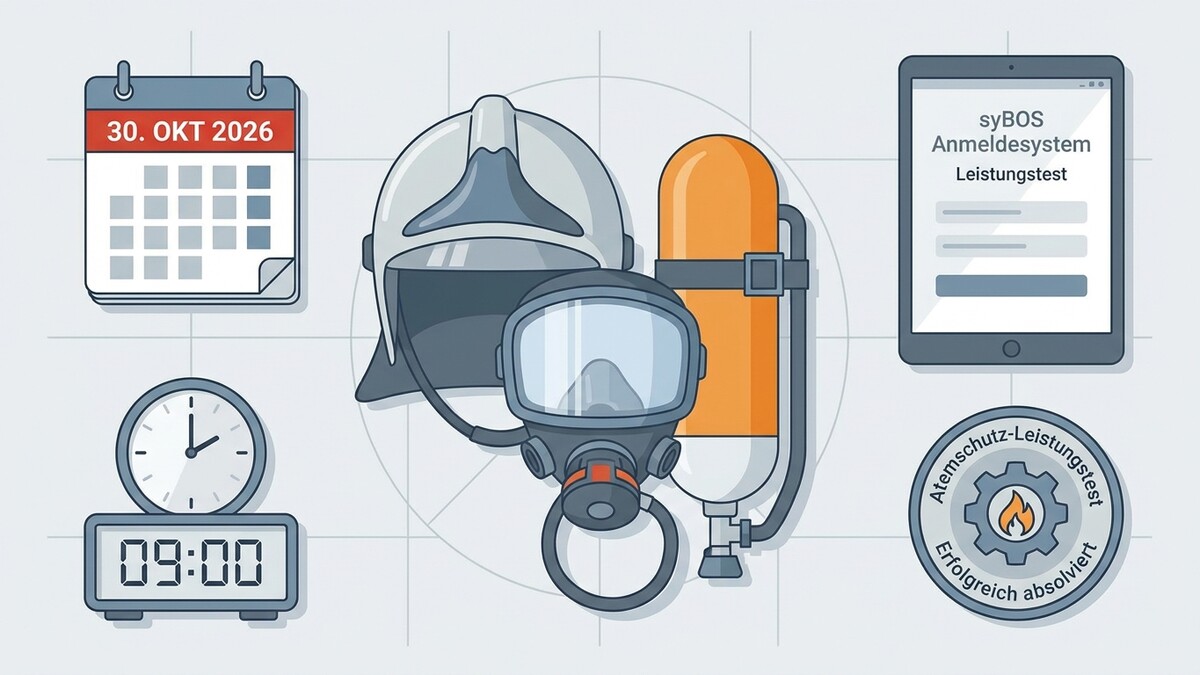 Atemschutz-Leistungstest, Helm, Maske, Uhr, Tablet und Kalender