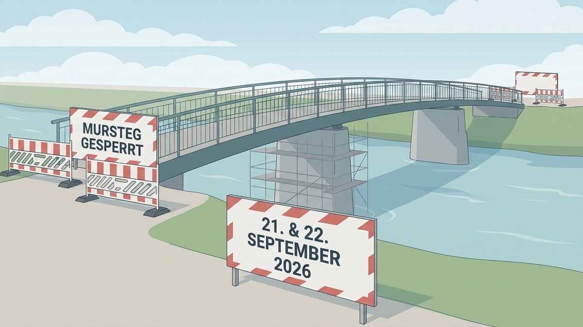 Mursteg gesperrt am 21. & 22. September 2026: Baustellenschilder und Baugerüst an Brücke