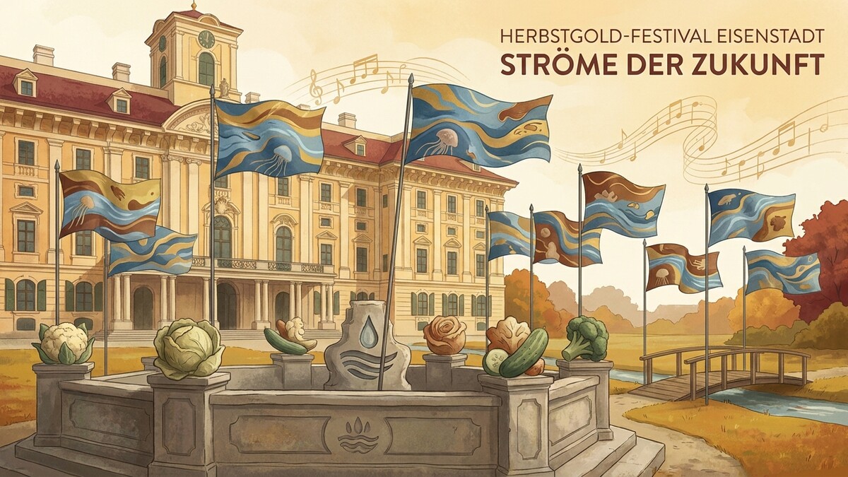 Herbstgold-Festival Eisenstadt: Fahnen mit Quallen und Wellen vor Schloss Esterházy