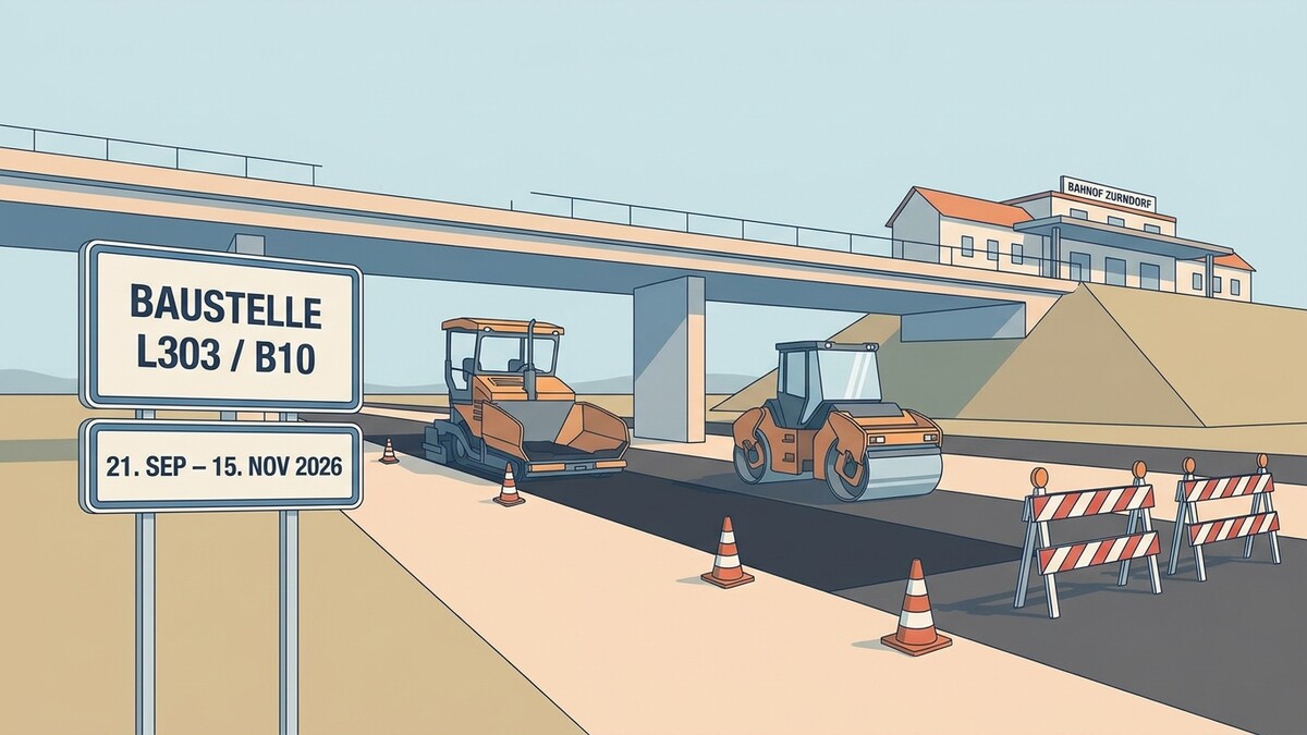 Baustelle L303/B10 bei Bahnhof Zurndorf mit Asphaltwalze und Straßenfertiger