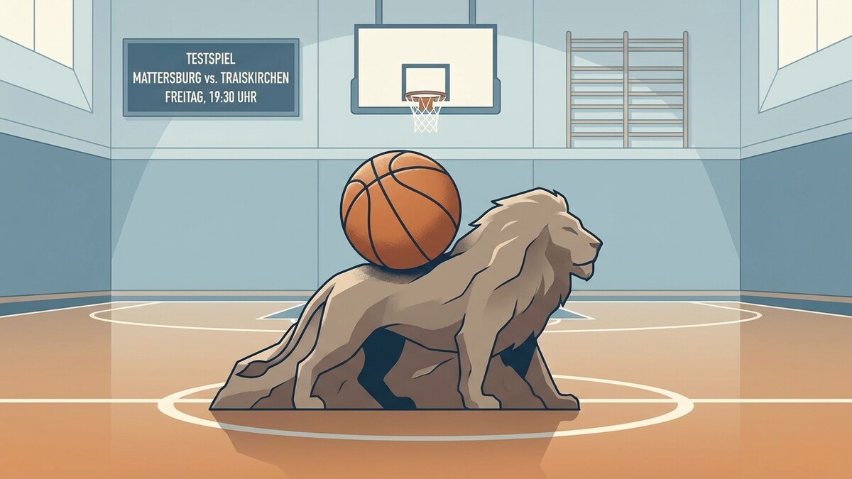 Löwenstatue mit Basketball in einer Sporthalle mit Anzeigetafel
